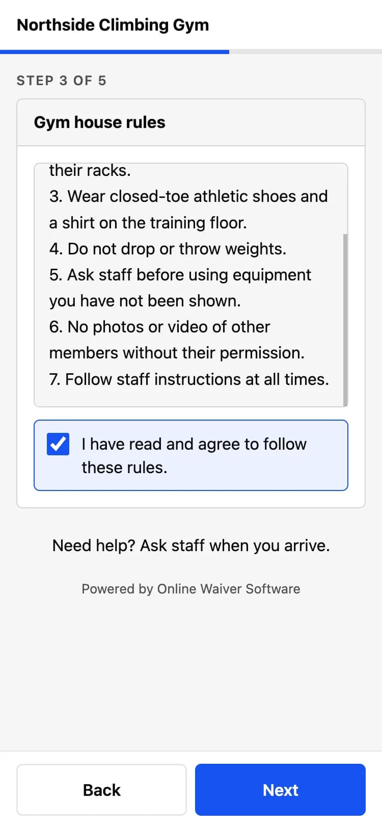 Online Waiver Software signing flow for a demo climbing gym, shown on a phone — gym house rules with a required checkbox and an English/Spanish toggle at the top