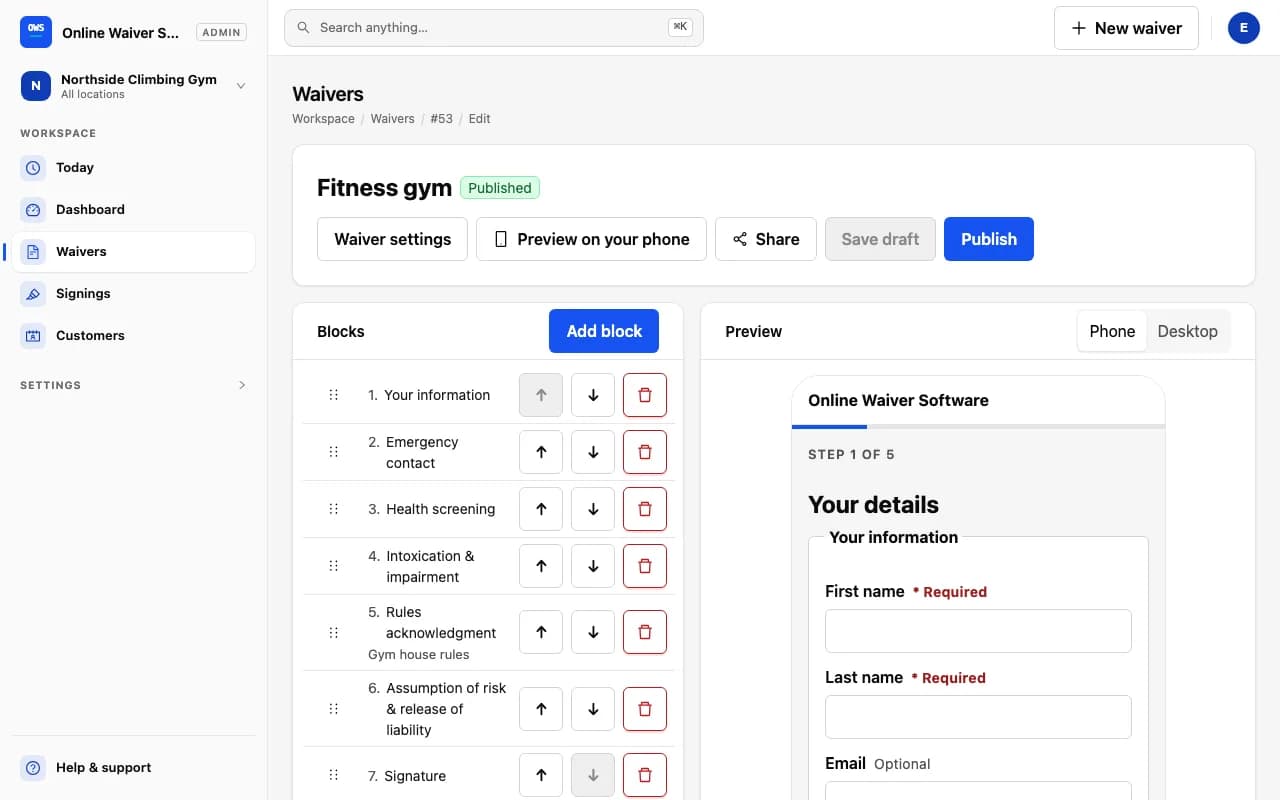 Online Waiver Software template builder for a demo climbing gym — block list on the left (your information, emergency contact, health screening, intoxication and impairment, rules acknowledgment, assumption of risk, signature) with a live mobile preview on the right