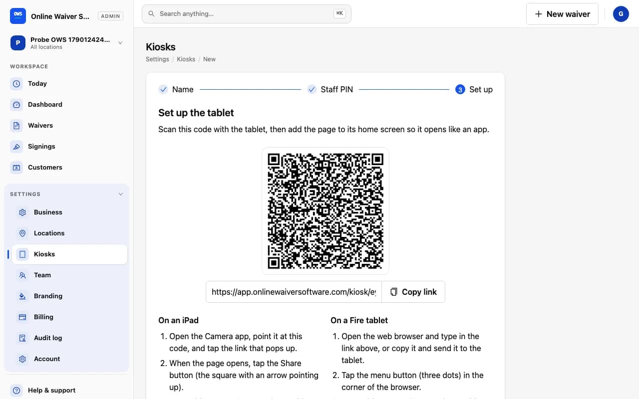 Online Waiver Software kiosk setup screen for a demo business — a QR code and step-by-step instructions for adding the kiosk to an iPad or Fire tablet's home screen