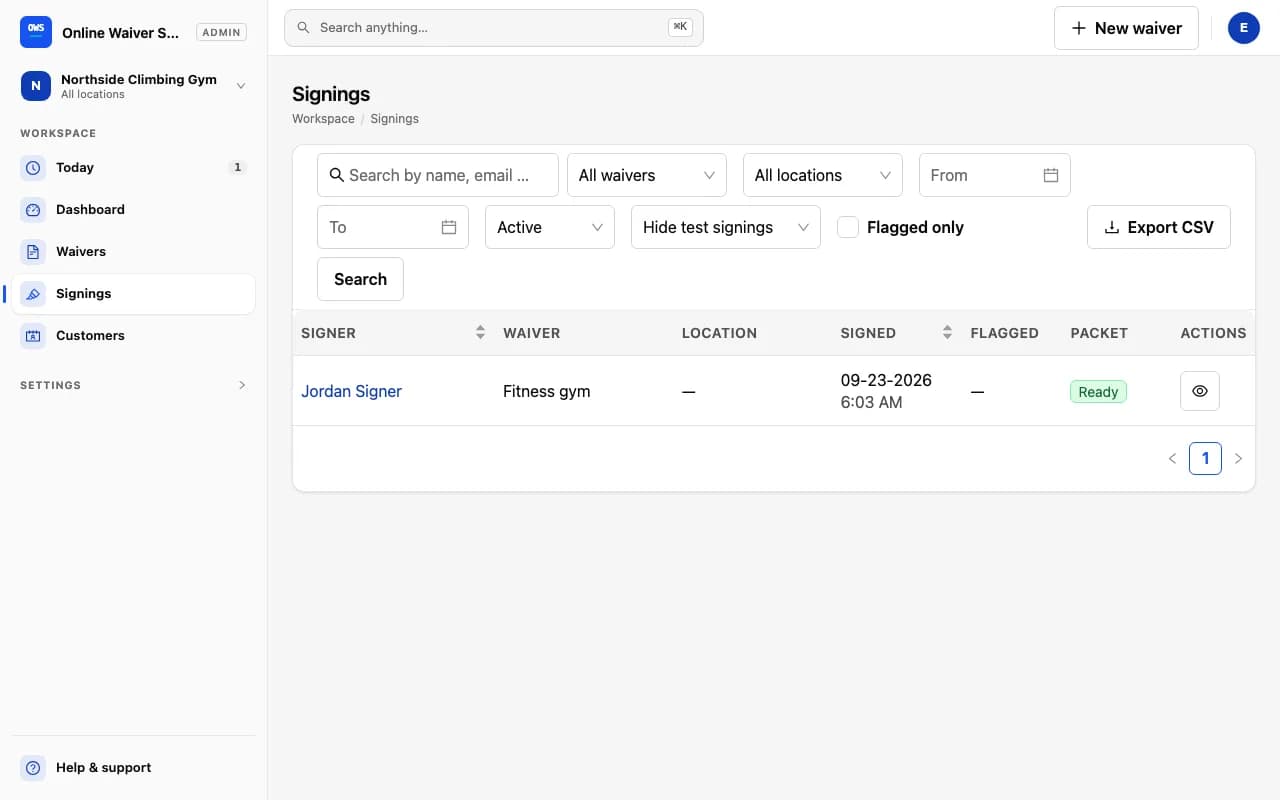 Online Waiver Software signings list for a demo climbing gym — search by name or email, filter by waiver, location, and date, with an Export CSV button